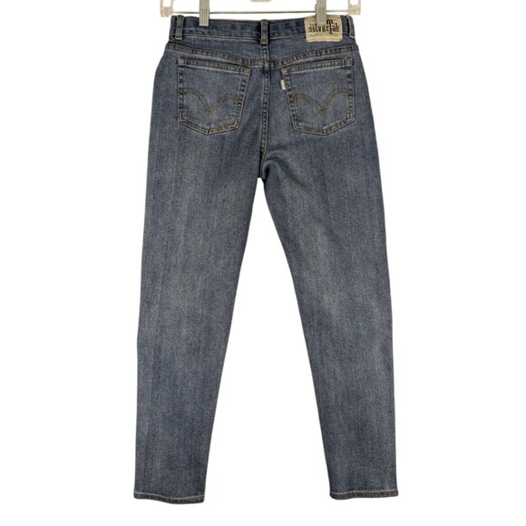 Levis Silver Tab Jeans 14/26 Reg Blue Mini Mom Distressed Denim Adjustable Waist - Picture 1 of 10